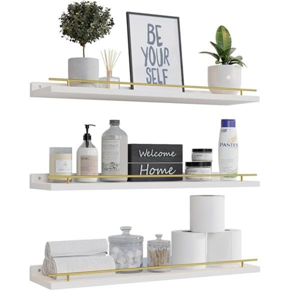 Floating Shelves 24 inches with Gold Metal Guardrail, Wall Decor Set‎ of 3 - Picture 8 of 8